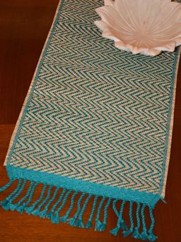 DHARINI - Teal Madurkathi Chevron Tassels Table Runner (L)