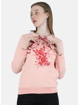 Monte Carlo - Womens Peach Printed Tie Up Neck Full Sleeve Sweatshirt