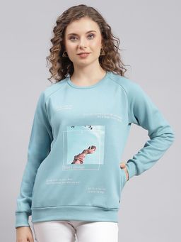 Monte Carlo - Womens Sky Blue Printed Round Neck Full Sleeve Sweatshirt