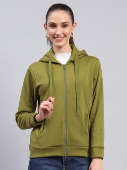 Monte Carlo - Womens Olive Solid Hooded Neck Full Sleeve Hoodie