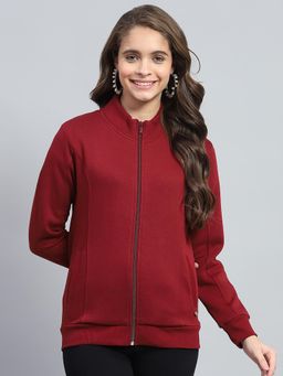 Monte Carlo - Womens Maroon Solid Mock Neck Full Sleeve Jacket