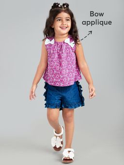 Hopscotch - 2-Pc Cotton Schiffli Blouse & Denim Shorts