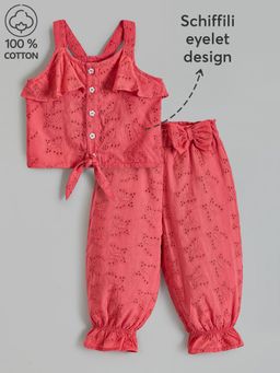 Hopscotch - 2-Pc Schiffli Bow Applique Cotton Pant Set