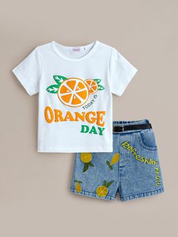 Hopscotch - 2-Pc Orange Embroidered T-shirt & Shorts