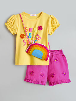 Hopscotch - 2-Pc Blossom Blouse & Shorts with Handbag