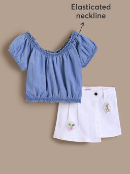 Hopscotch - 2-Pc Elasticated Patch Denim Blouse & Skort