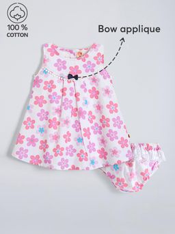 Hopscotch - Floral Bow Applique Cotton Casual Dress