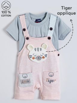 Hopscotch - 2-Pc Tiger Applique Cotton Dungaree Set