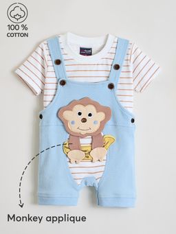 Hopscotch - 2-Pc Monkey Applique Striped Cotton Dungaree Set