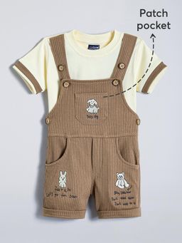Hopscotch - 2-Pc Teddy Embroidered Cotton Dungaree Set