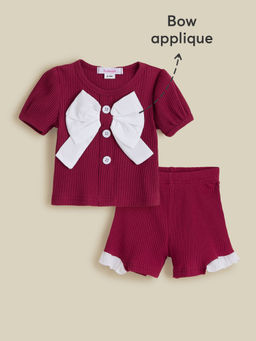 Hopscotch - 2-Pc Bow Applique Blouse & Shorts