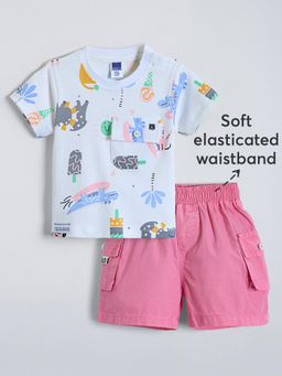 Hopscotch - 2-Pc Cotton Flap Pocket Printed T-Shirt & Cargo Shorts
