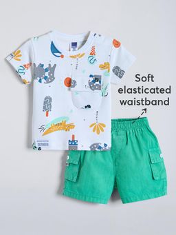Hopscotch - 2-Pc Cotton Flap Pocket Printed T-Shirt & Cargo Shorts