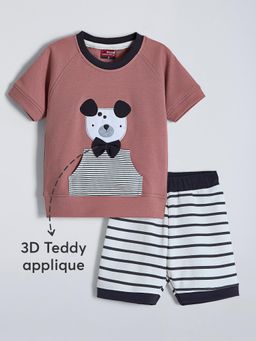Hopscotch - 2-Pc 3D Teddy Bear Striped Cotton Shorts Set