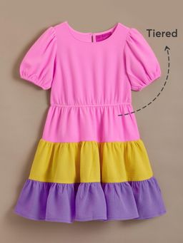 Hopscotch - Rainbow Tier Puff Sleeve Dress