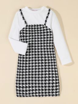 Hopscotch - Houndstooth Print Full-Sleeve Casual Dress