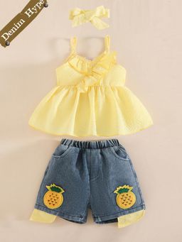 Hopscotch - 2-Pc Applique Blouse & Denim Shorts