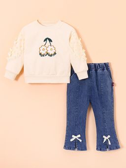 Hopscotch - 2-Pc Petals & Bow Accent Sweatshirt & Jeans