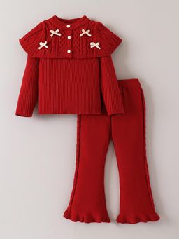 Hopscotch - 2-Pc Bow Detail Cape Collar Pants Set