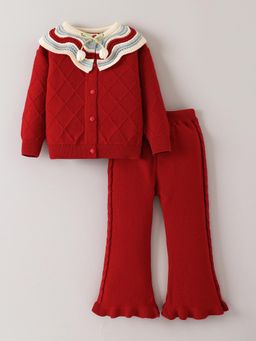 Hopscotch - 2-Pc Cable Stitch Ruffle Collar Pants Set