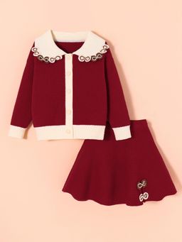 Hopscotch - 2-Pc Lace Collar Cardigan Skirt Set