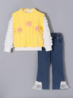 Hopscotch - 3-Pc Cable Knit Floral Applique Jeans Set