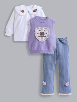 Hopscotch - 3-Pc Bear Heart Detail Jeans Set
