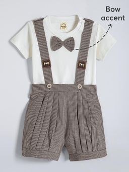 Hopscotch - 2-Pc Houndstooth Bow Detail Cotton Dungaree Set