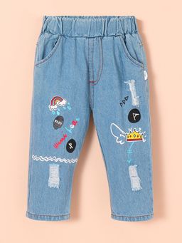 Hopscotch - Rainbow Crown Printed Distressed Jeans