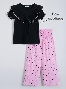 Hopscotch - 2-Pc Ruffle Bow Top Polka Dot Cotton Pants Set