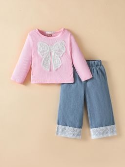 Hopscotch - 2-Pc Ribbon Bow Blouse & Jeans