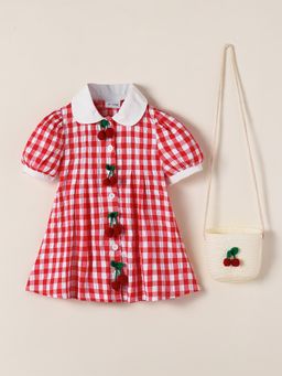 Hopscotch - Checks Cherry Applique Dress with Bag