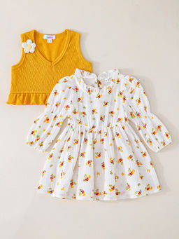 Hopscotch - Floral Applique Casual Dress with Vest