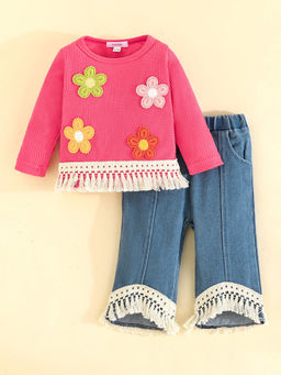 Hopscotch - 2-Pc Floral Applique Blouse & Jeans