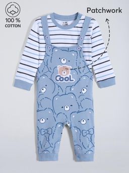 Hopscotch - 2-Pc Bear Striped Cotton Dungaree Set