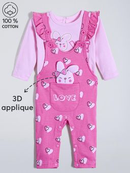 Hopscotch - 2-Pc Bunny 3D Applique Cotton Dungaree Set
