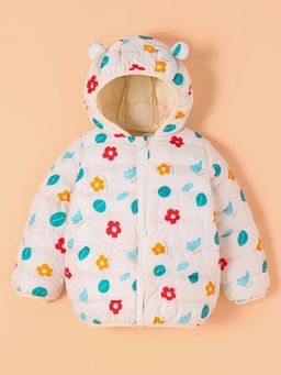 Hopscotch - Girls Beige Floral Print Full-Sleeve Puffer Jacket