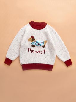 Hopscotch - Dog Applique Ribbed Trim Sweater