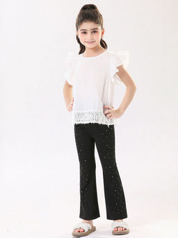 Hopscotch - Girls White and Black Schiffli Embellished Blouse and Pant Set