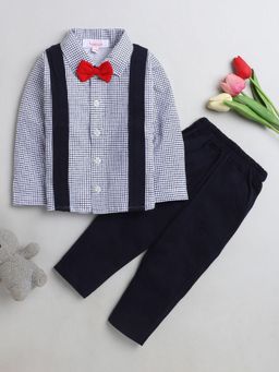 Hopscotch - Boys Navy Checkered Shirt and Pant Set with Bow