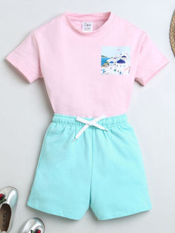 Hopscotch - Girls Pink and Aqua Graphic Print T-shirt and Shorts Set