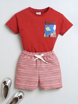 Hopscotch - Girls Red and Peach Graphic Print T-shirt and Shorts Set