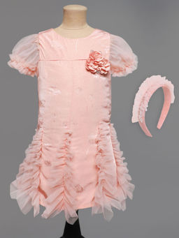 Hopscotch - Girls Peach Floral Applique Party Dress with Headband