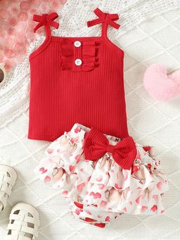 Hopscotch - 2-Pc Ribbed Blouse & Ruffle Shorts