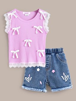 Hopscotch - 2-Pc Bow Applique Blouse and Shorts