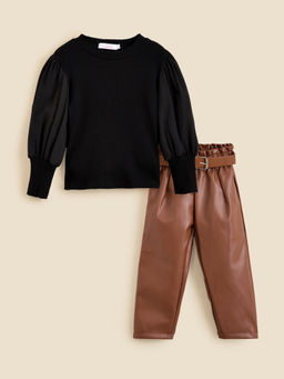 Hopscotch - 2-Pc Balloon Sleeve Leather Look Pant Set