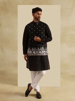 SOJANYA - Cotton Chikankari Black Kurta and Pant with Nehru Jacket