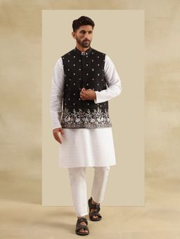SOJANYA - Cotton Chikankari White Kurta and Pant with Nehru Jacket