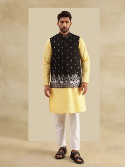SOJANYA - Cotton Chikankari Yellow Kurta and Pant with Nehru Jacket