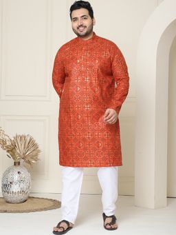 SOJANYA - Cotton Linen Printed Orange Kurta with Pant